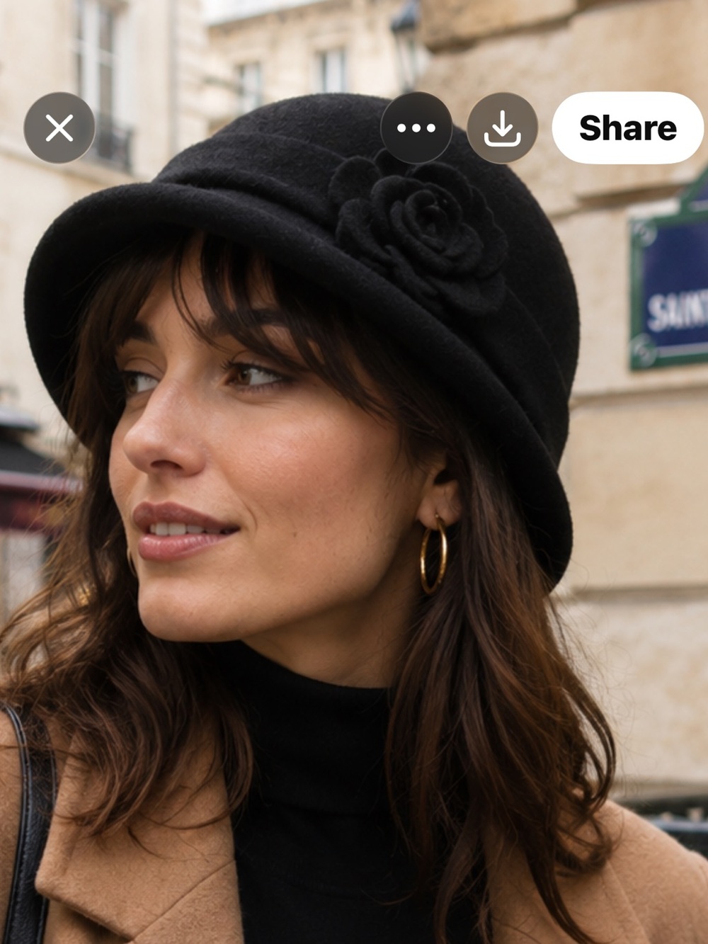 Shihreen 100% wool black cloche hat w/ felt flower.